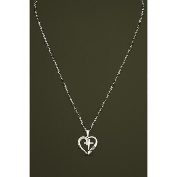 Diamond Heart Cross Necklace Sterling Silver Lab Grown Diamond Pendant Religious - Picture 1 of 5